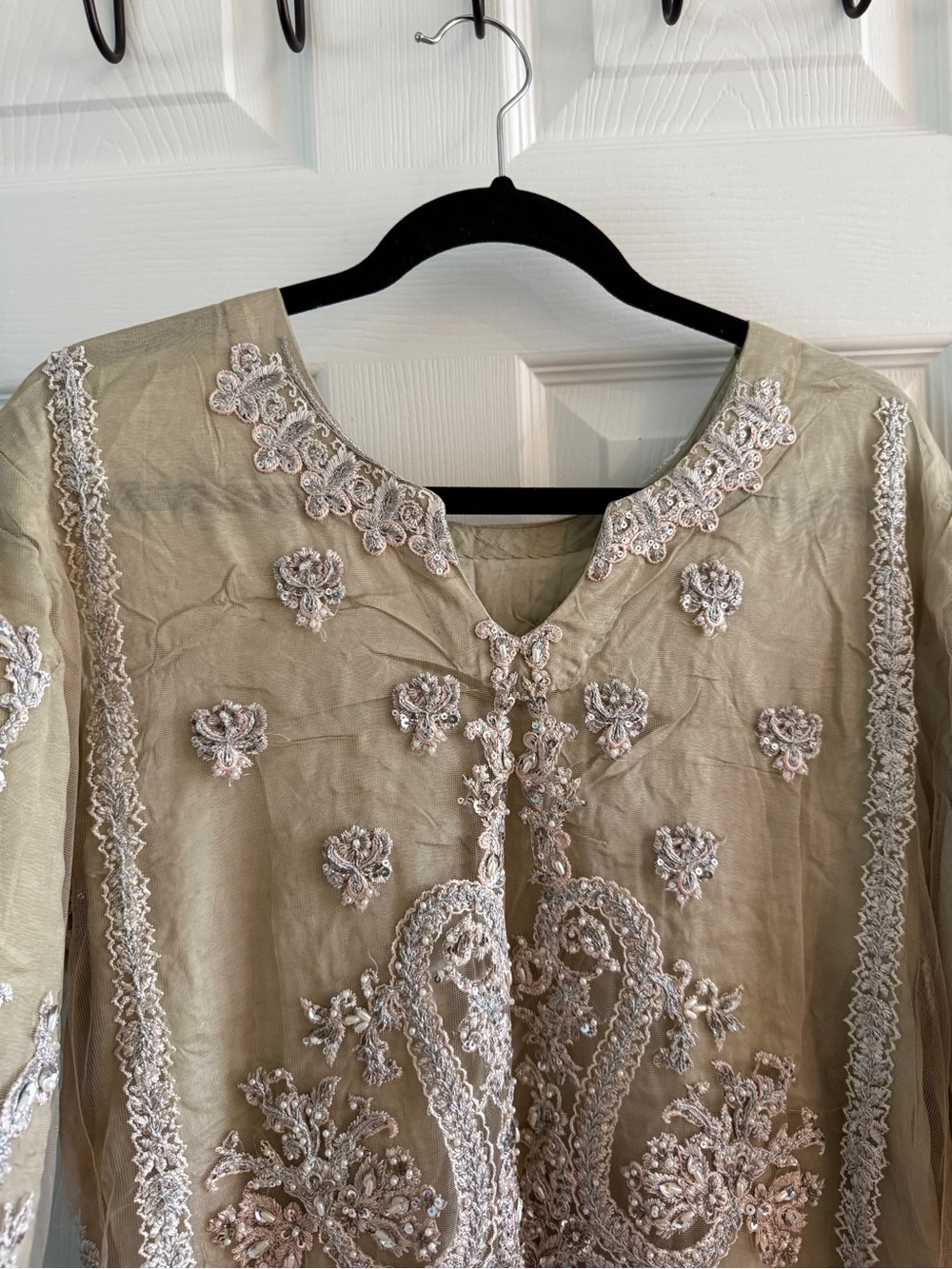 Sana Safinaz Beige 3-Piece Suit, Size XL Crystal & Pearl Embellished - Picture 3 of 17